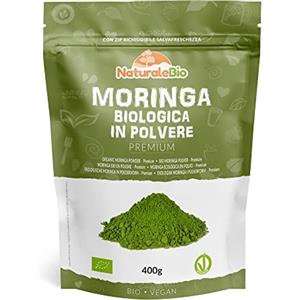 NaturaleBio Moringa Oleifera Bio in Polvere - Qualità Premium - 400g. Biologica, Naturale e Pura. Foglie Raccolte dalla Pianta di Moringa Oleifera. NaturaleBio