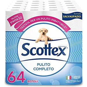 Scottex Carta Igienica, Formato Salvaspazio, Cotone, Confezione 100% Riciclabile, Fatto in Italia, 64 Rotoli (16x4),