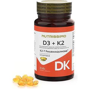 NUTRISSIMO Vitamina D e Vitamina K (D3+K2) NUTRISSIMO | 120 Softgels | 2000 UI D3 + 100µg K2 (PHARMAQUINONE®) | Supporto per Ossa, Muscoli, Denti e Sistema Immunitario