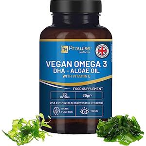 PH PROWISE Healthcare Prowise Vegan Omega-3 DHA da olio di alghe | 60 capsule molli con vitamina E | 400 mg di DHA + 10 mg di vitamina E | 100% vegetale | Fonte pura e sostenibile