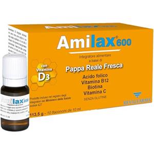 Revalfarma Amilax 600 - Integratore Alimentare A Base Di Pappa Reale Fresca, Acido Folico, Vitamina C, con vitamina D3-10 Flaconcini Da 10 ml