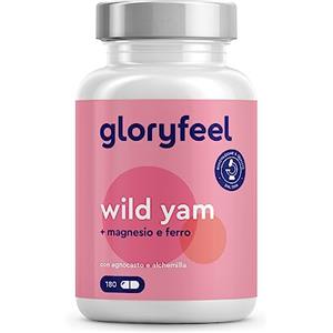 Gloryfeel Wild Yam (312 mg) con Ferro, Magnesio, Agnocasto e Alchemilla, Integratore Igname Selvatico per Contrastare i Disturbi PMS e Menopausa, 180 Capsule, 100% Vegan, Senza Additivi