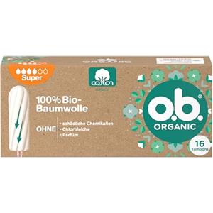 o.b. Organic Super (16 pezzi), tamponi biologici per giorni forti in 100% cotone biologico con scanalature curve per una protezione affidabile e naturale