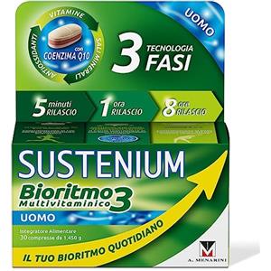Sustenium Bioritmo3 Uomo- Integratore Multivitaminico con Antiossidanti e Sali Minerali. Un sostegno con più di 70 benefici per il tuo benessere fisico e mentale. Confenzione da 30 cpc