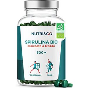 NUTRI & CO Spirulina Biologica | 500 Compresse Bio da 500 mg Pure Senza Eccipienti | 15 a 19% di Ficocianina | Polvere Essiccata e Compressa a Freddo | Analizzata e Confezionata in Francia da Nutri&Co