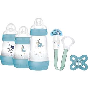 MAM Easy Start Anti-Colic Welcome, set di accessori per bambini con 3 bottiglie anti-coliche, ciuccio e nastro ciuccio, set regalo per bambini, dalla nascita, blu