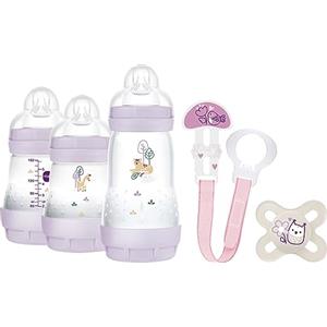 MAM Easy Start Anti-Colic Welcome, set di accessori per bambini con 3 bottiglie anti-coliche, ciuccio e nastro ciuccio, set regalo per bambini, dalla nascita, lilla
