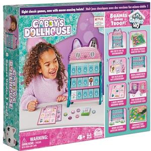 Spin Master Games Gabby's Dollhouse,quartier generale contiene 8 giochi da tavolo classici, la dama, il tris, il gioco delle coppie,la tombola, board games ispirai alla serie TV su Netflix, per bambini dai 4 anni in su