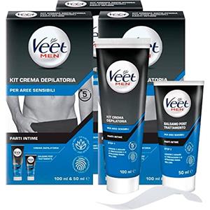VEET 3x Veet For Men Kit Depilazione per Uomo Aree Sensibili Parti Intime con Crema Depilatoria Flacone da 100ml e Balsamo Post Trattamento da 50ml - 3 Confezioni