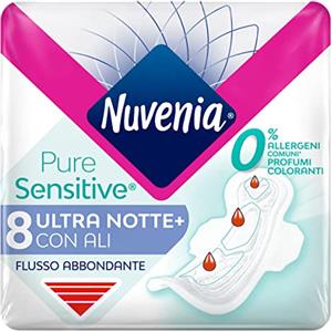 Nuvenia - Assorbente Pure Sensitive Ultra Notte con Ali - Superficie Delicata per Pelli Sensibili - Confezione da 8 Assorbenti