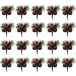 Vhger Set di 20 piccoli rami di abete artificiale con bacche e pigne, ideali per decorazioni natalizie, decorazioni dell'Avvento, artigianato, riunioni e feste