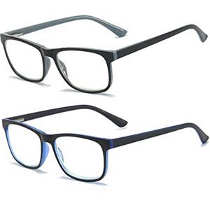 KoKoBin Occhiali da lettura con filtro luce blu moda occhiali da lettura cerniera a molla occhiali da computer quadrati hd anti luce blu uomini e donne (2 pezzi (nero, blu), 3.0)
