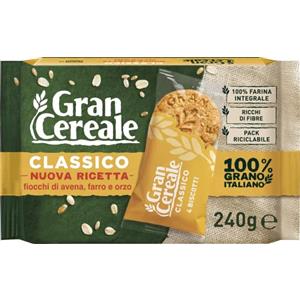 Gran Cereale Classico, Biscotti Integrali con Fiocchi di Avena, Farro e Orzo, Confezione 240 g con 6 Monoporzioni da 4 Biscotti