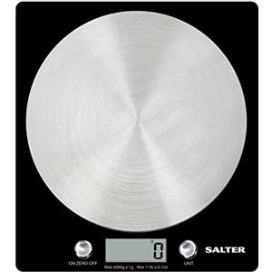 Salter 1036 BKSSDR - Bilancia elettronica a disco, vista in TV, design elegante e sottile, piattaforma in acciaio inox filato, aggiungi e pesa, liquidi e fluidi, capacità max di 5 Kg, Nero/cromato