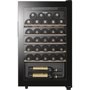 Haier Wine Bank 50 Series 3 HWS33GG Cantinetta Vino, 33 Bottiglie, Vetro Anti-UV, App hOn, Ripiani in Legno, Luce LED, Classe G, 49,9x45,5x83 cm, Nero