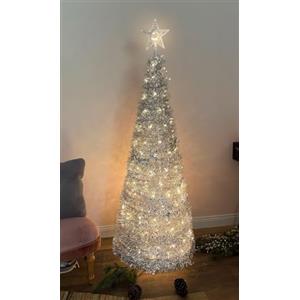 Spetebo Albero di Natale pop-up a spirale, 150 cm, con 120 LED e punta a stella, argento, albero di Natale bianco caldo, illuminato per esterni e interni, decorazione natalizia da giardino con spina