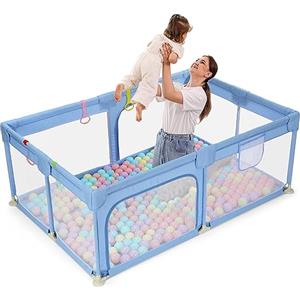 Dripex Box per Bambini 120x180 cm, Recinto per Bambini con Tessuto di lino resistente, box bimbo con rete traspirante, 5 Anelli Box Bambini, Blu