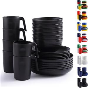 Berglander Set di stoviglie in plastica nera 24pcs per 6, piatti riutilizzabili e set di ciotole includono piatti da pranzo, piatto da dessert, ciotole di cereali, tazze per casa, picnic