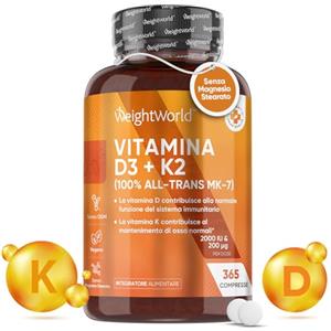 WeightWorld Vitamina D3 K2 2000 UI + 200µg, 365 Compresse Vegan (1 Anno) Senza Magnesio Stearato, Vitamina D3 + Vitamina K2 - Sistema Immunitario, Ossa, Denti, Muscoli - Vitamina D + Vitamina K2 99% All Trans Mk7