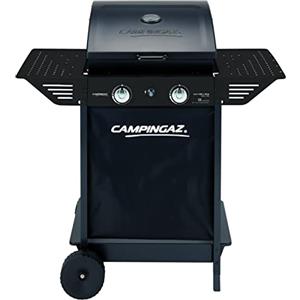 Campingaz Xpert - Barbecue a gas Rocky Plus da 100 l, con pietra vulcanica, 2 bruciatori e coperchio con termometro, 2 vassoi laterali pieghevoli, potenza 7100 Watt