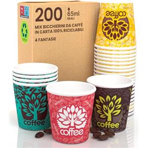 Eurocali 200 Bicchierini in Carta per caffè 65ml MIX Forest Bicchieri Ecologici Biodegradabili Monouso Piccoli Asporto Bevande Calde