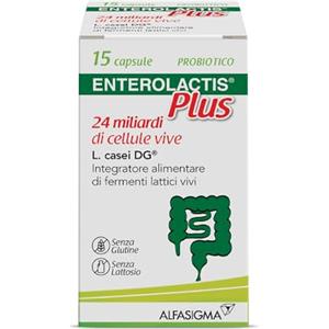 Enterolactis Plus Capsule, Integratore Alimentare di Fermenti Lattici Vivi L,Casei DG, 24 Miliardi di Cellule Vive, Senza Glutine e Lattosio, 15 Capsule