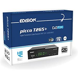 EDISION PICCO T265+ Ricevitore Digitale Terrestre Full HD DVBT2 H265 HEVC 10 Bit Bonus TV, FTA, USB, HDMI, SCART, Sensore IR, Supporto USB WiFi, Telecomando Universale 2in1, Main 10