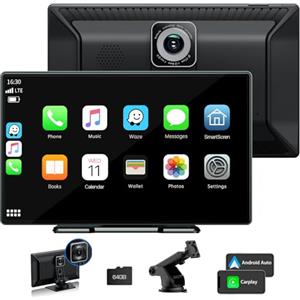 Lamto Senza Fili Autoradio per Apple Carplay & Android Auto, 9 Pollici Schermo Carplay Portatile con Dash Cam 2,5K, Stereo Auto con Scheda SD 64G, Bluetooth 5.0/GPS/Assistente Vocale/Mirror Link/AUX/FM