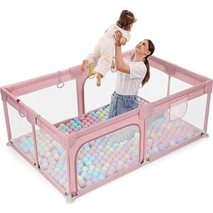 Dripex Box per Bambini 120x180 cm, Recinto per Bambini con Tessuto di lino resistente, box bimbo con rete traspirante, 5 Anelli Box Bambini, Rosa