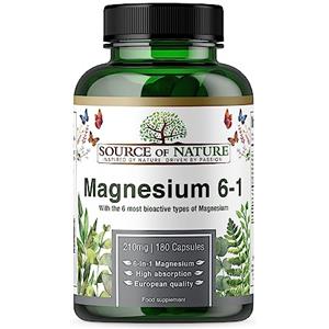 Source of Nature® | Magnesio 6-in-1 210mg | 6 Tipi di Magnesio Più Bioattivi | 180 Capsule | Fornitura per 3 mesi | Con Magnesio -L-Treonato, Malato, Taurato, Bisglicinato, Citrato e -Ossido