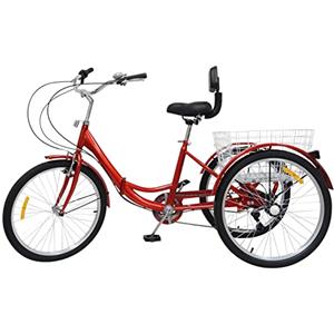 Donened Triciclo pieghevole da 24 pollici, triciclo pieghevole con cestino e parafanghi a 7 marce, biciclette pieghevoli a 3 ruote, per adulti, anziani, triciciclo con schienale (rosso)