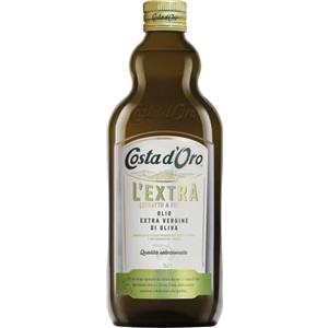 Costa d'Oro d'Oro - L'Extra 1L. Olio Extravergine di oliva estratto a freddo. Sapore equilibrato, adatto a tutte le ricette e come condimento per insalate. Bottiglia da 1 litro.