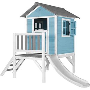 AXI Beach Lodge XL Casetta blu con scivolo bianco | Casa per bambini su palafitte con veranda in legno FSC | Parco giochi per il giardino