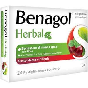 Benagol Herbal Gusto Menta e Ciliegia, Integratore Alimentare, Con Vitamina C e Zinco Per Supportare il Sistema Immunitario, 24+24 Pastiglie