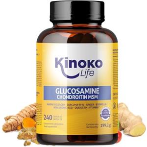 Kinoko life Glucosamina e Condroitina - 240 Capsule con MSM, Collagene marino, Acido Ialuronico, Curcuma, Pepe Nero, Zenzero, Boswellia e Quercetina. Per articolazioni, cartilagine e ossa