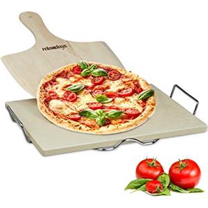 Relaxdays Pietra Refrattaria, Set con Pala per Pizza, in Legno, Ollare, 1,5cm Spessore, Rettangolare, Color naturale