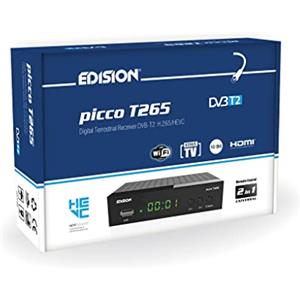 EDISION PICCO T265 - Ricevitore Digitale Terrestre Full HD DVBT2 H265 HEVC 10 Bit Bonus TV, FTA, USB, HDMI, SCART, Sensore IR, Supporto USB WiFi, Telecomando Universale 2in1, Main 10