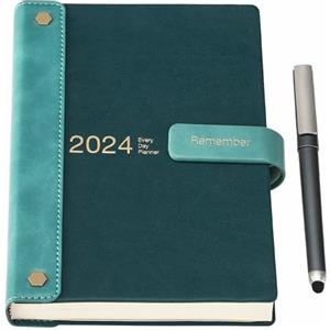 Mljtoyo Diario accademico 2024, Diario 2024 un giorno per pagina, con adesivi per calendari, agenda con portapenne e penna, carta spessa di alta qualità, 14 x 21,5 cm Verde