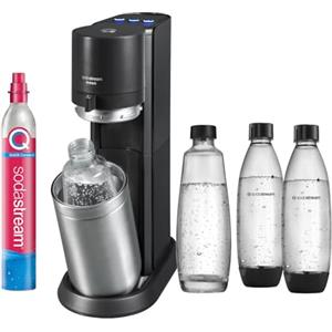 SodaStream E-Duo, spruzzatore elettrico con cilindro CO2, bottiglia di vetro e 2 bottiglie di plastica lavabili in lavastoviglie, altezza: 44 cm, colore: titanio