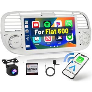 Hikity Android 13 Autoradio per Fiat 500 2007-2015 Radio con Wireless Apple Carplay Android Auto Navi Stereo Bluetooth Schermo da 7 Pollici WiFi HiFi FM RDS Retrocamera + Microfono
