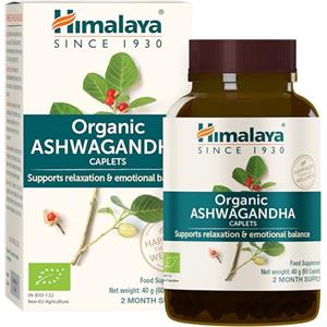 Himalaya Organic Ashwagandha, Integratore a Base di Erbe per Alleviare lo Stress, Sostenere l'Energia, Insonnia, Certificato Biologico, Vegano, Senza Glutine, 670 mg, 60 Compresse