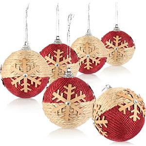 com-four® 6X Palline di Natale con motivi natalizi, Palline dell'albero di Natale con coperture in tessuto per Natale, decorazioni per l'albero di Natale (beige/rosso - 6 pezzi)
