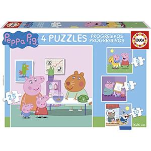 Educa - Puzzle progressivi di cartone per bambini | Peppa Pig. Dimensioni: 40 x 28 cm. 4 puzzle da 12 a 25 pezzi. Da 3 anni (16817)