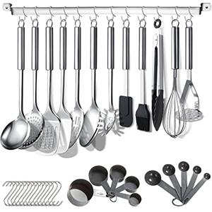 Berglander Set di utensili da cucina 38 pezzi in acciaio inossidabile con portautensili e ganci per appendere lavabile in lavastoviglie, per pentole