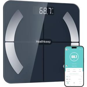 Healthkeep Bilancia per grasso corporeo, bilancia pesapersone digitale con app, bilancia Bluetooth per grasso corporeo, BMI, peso, massa muscolare, acqua, proteina, muscolo scheletrico, peso osseo, BMR, ecc.