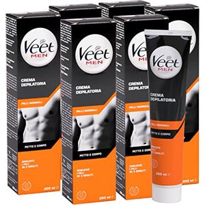 VEET 6x Veet For Men Crema Depilatoria per Uomo Silk & Fresh per Pelli Normali Idratante e Profumata Con Spatola di Applicazione e Rimozione Crema - Flaconi da 200ml