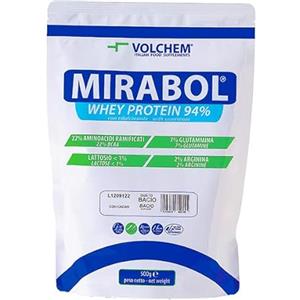 Volchem Mirabol Whey Protein 94, Integratore Alimentare con Proteine del Siero del Latte, 22% Aminoacidi Ramificati, con Arginina e Glutammina, Busta con Polvere Solubile, Gusto Bacio, 500 g