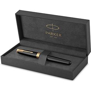 PARKER Sonnet Penna Stilografica, Laccatura di Colore Nero con Finiture in Oro, Pennino Sottile, Confezione Regalo