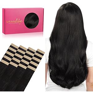 WENNALIFE Extension Capelli Veri Biadesivo, 20pcs 35cm 50g Nero Naturale Extension Biadesive Capelli Veri Lisci Remy Tape in Hair Extensions