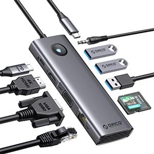 ORICO USB C Docking Station, ORICO 10 in 1 USB 3.0 Hub per laptop con HDMI 4K, VGA, 3 USB 3.0, PD 100W, SD/TF, audio da 3,5 mm, Gigabit Ethernet, multiport adattatore per Windows Mac (Gray)
